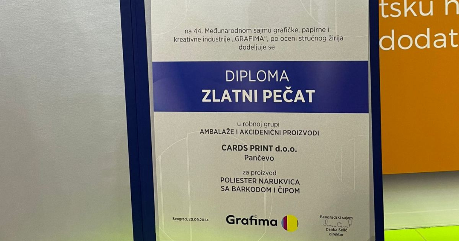 Sa velikim ponosom i zadovoljstvom objavljujemo da je kompanija Cards Print osvojila prestižnu nagradu Zlatna Grafima na ovogodišnjem sajmu Grafima 2024, najvećem događaju u oblasti grafičke industrije u regionu.